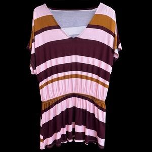 Lane‎ Bryant Pink Wine Brown Stripe Peplum Stretchy Blouse Plus Size 14/16 #176